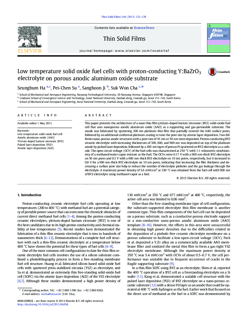 Low temperature solid oxide fuel cells with proton-conducting Y:BaZrO3 electrolyte on porous anodic aluminum oxide substrate