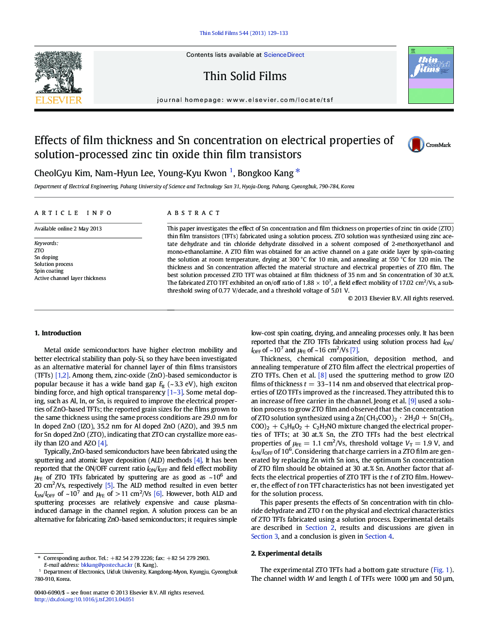 Effects of film thickness and Sn concentration on electrical properties of solution-processed zinc tin oxide thin film transistors