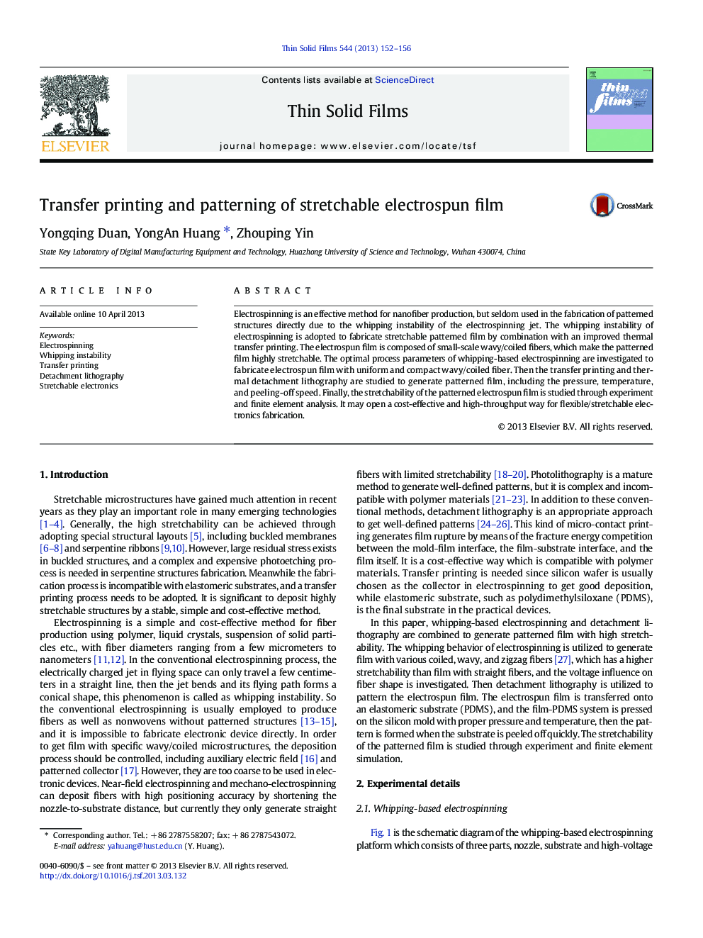 عکس صفحه اول مقاله: Transfer printing and patterning of stretchable electrospun film Transfer printing and patterning of stretchable electrospun film