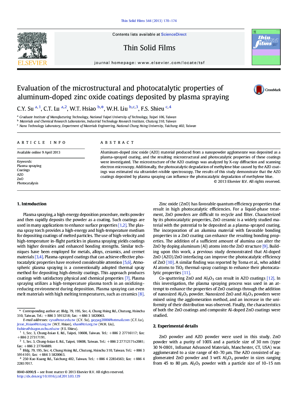 Evaluation of the microstructural and photocatalytic properties of aluminum-doped zinc oxide coatings deposited by plasma spraying