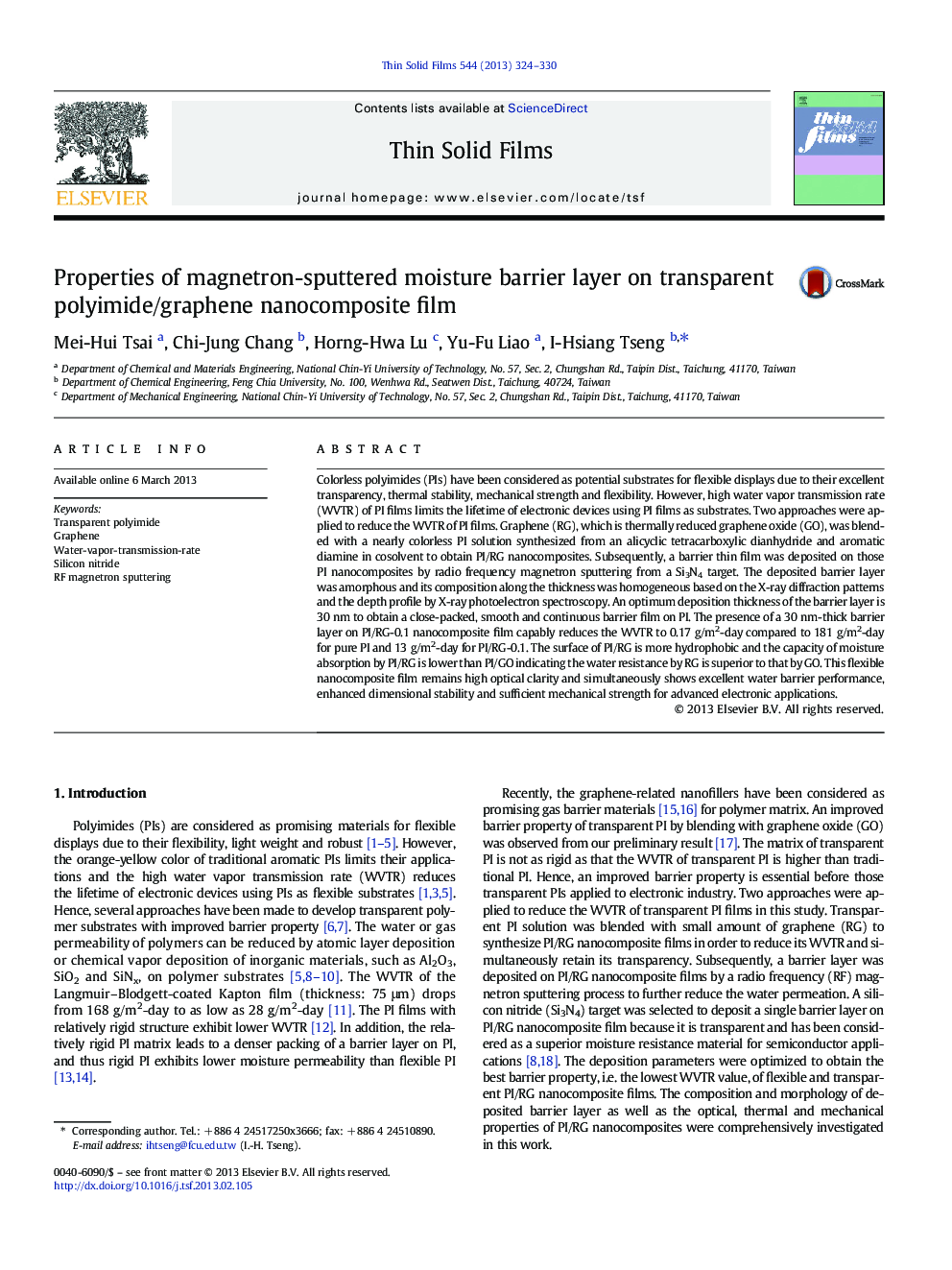 Properties of magnetron-sputtered moisture barrier layer on transparent polyimide/graphene nanocomposite film