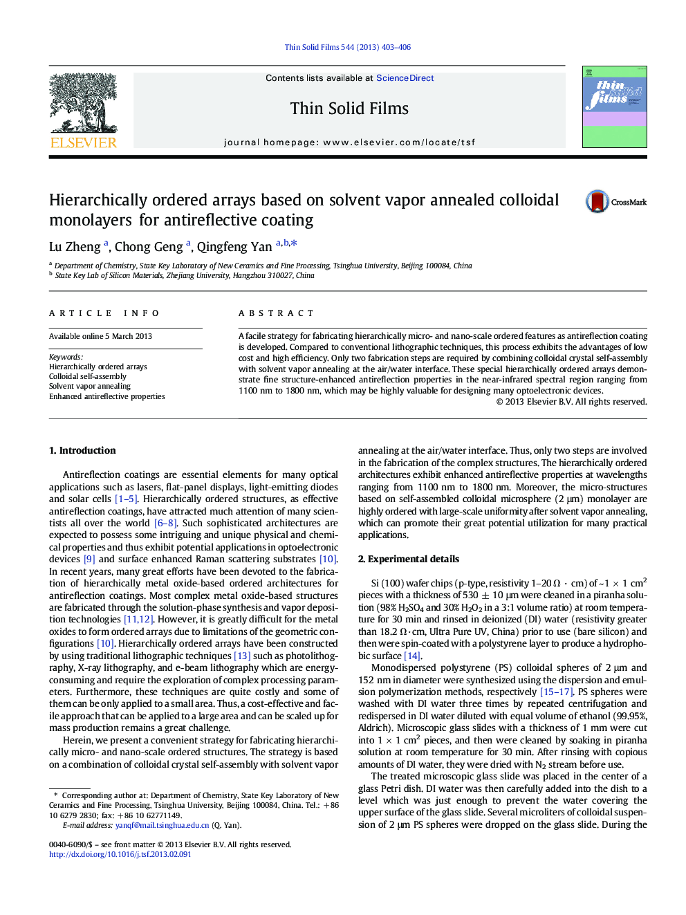 Hierarchically ordered arrays based on solvent vapor annealed colloidal monolayers for antireflective coating