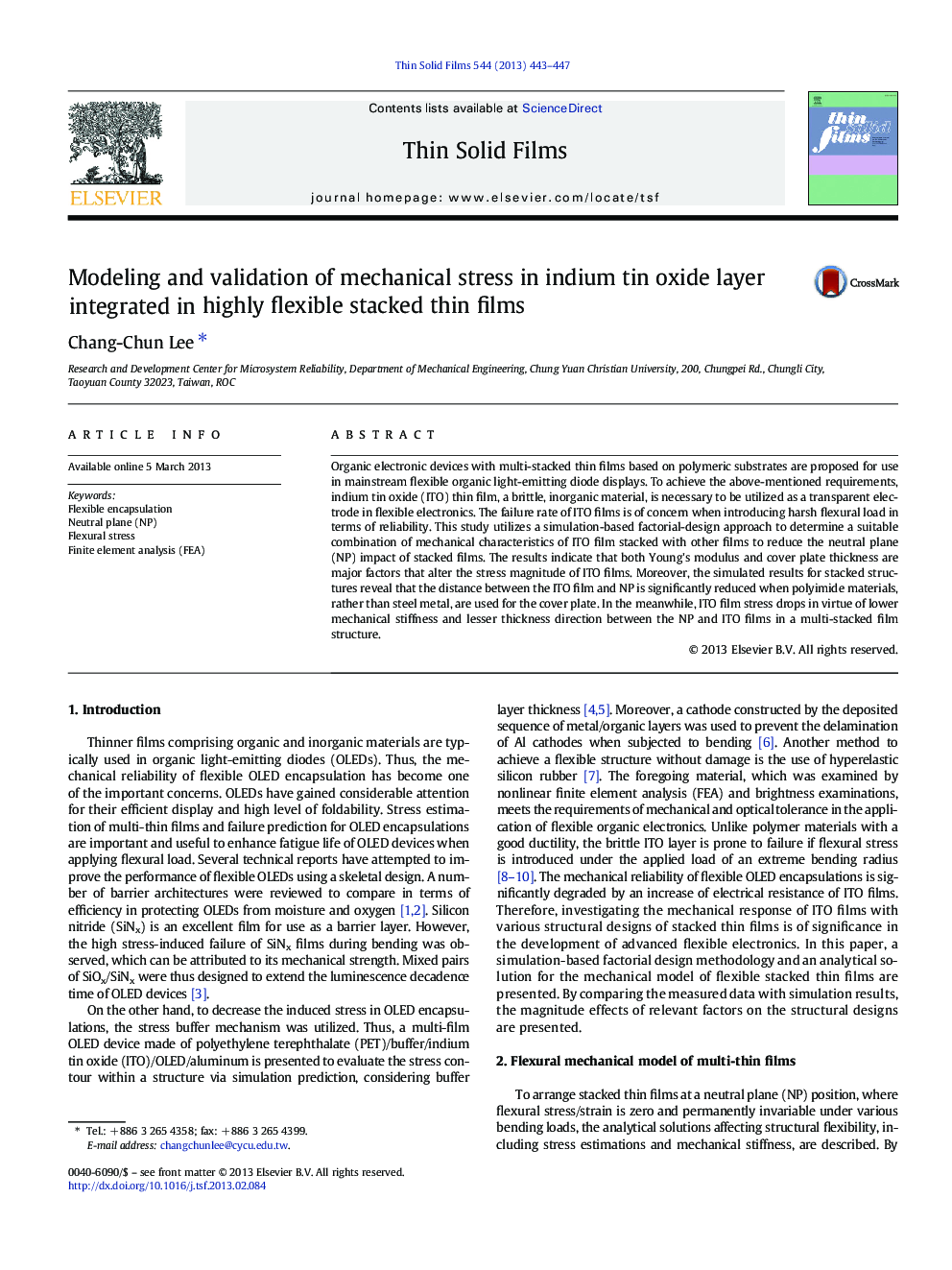 Modeling and validation of mechanical stress in indium tin oxide layer integrated in highly flexible stacked thin films