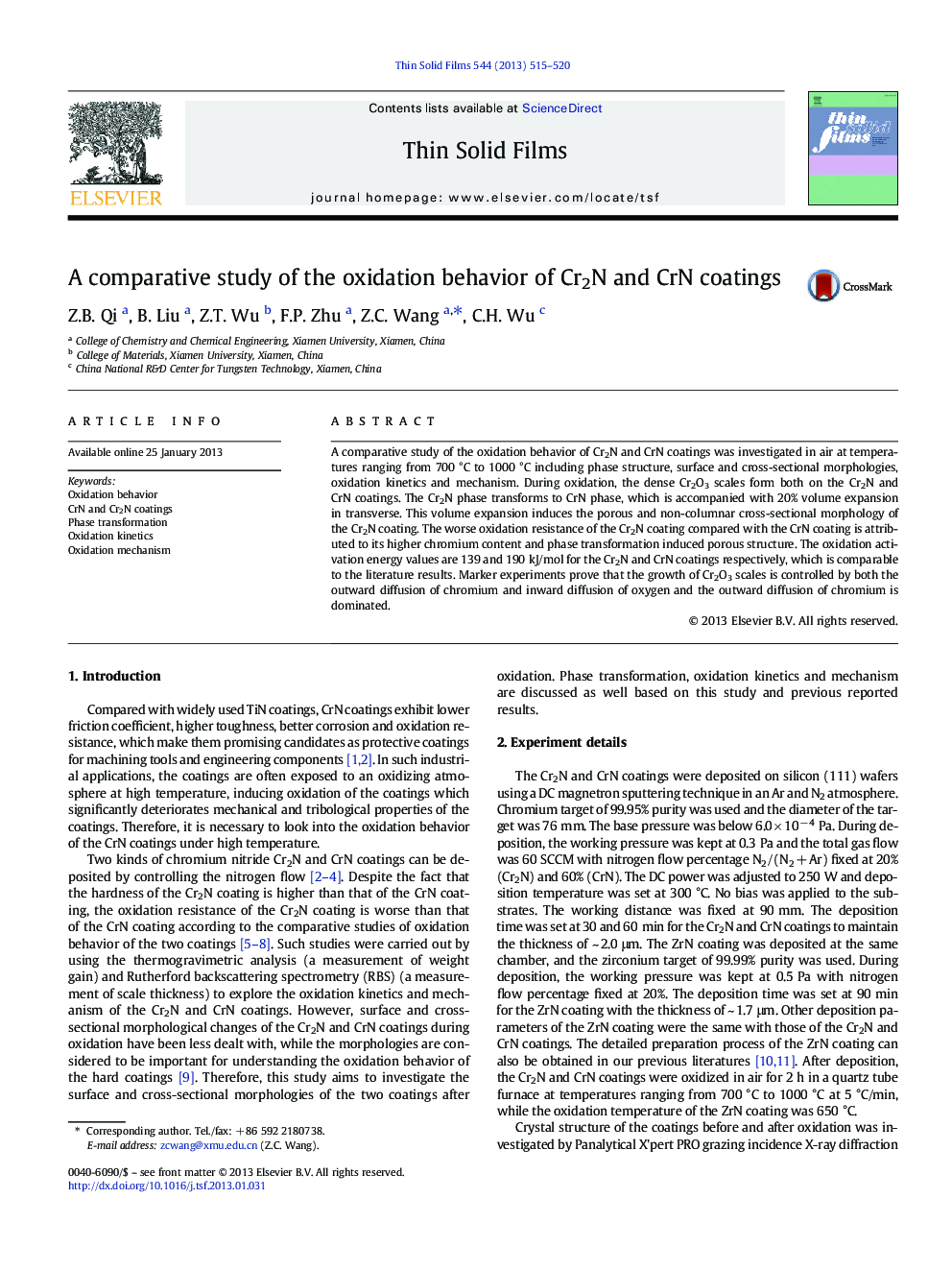 A comparative study of the oxidation behavior of Cr2N and CrN coatings