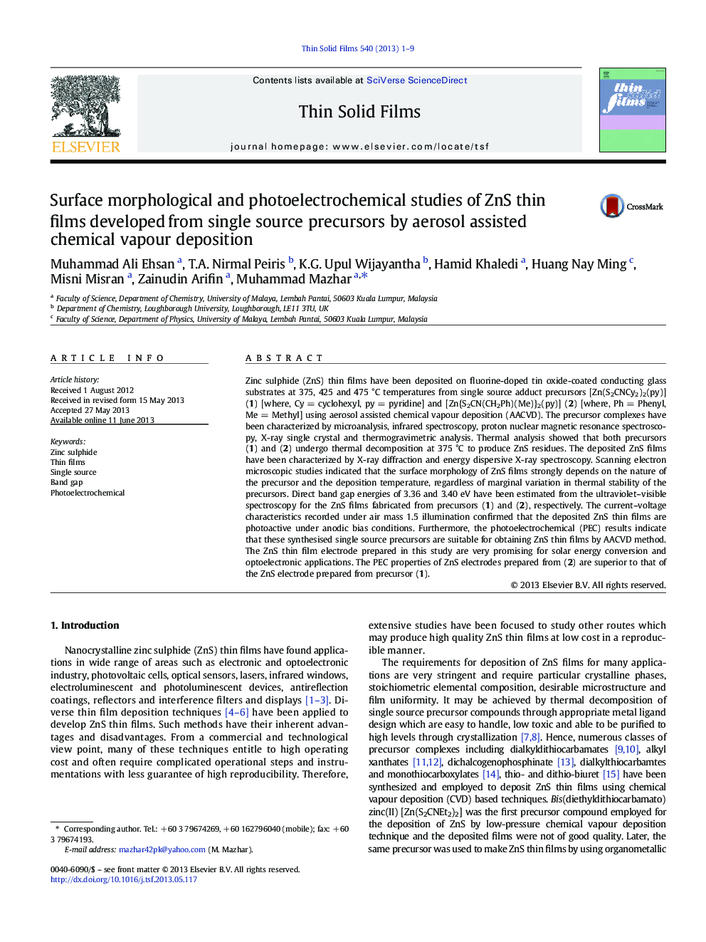 Surface morphological and photoelectrochemical studies of ZnS thin films developed from single source precursors by aerosol assisted chemical vapour deposition