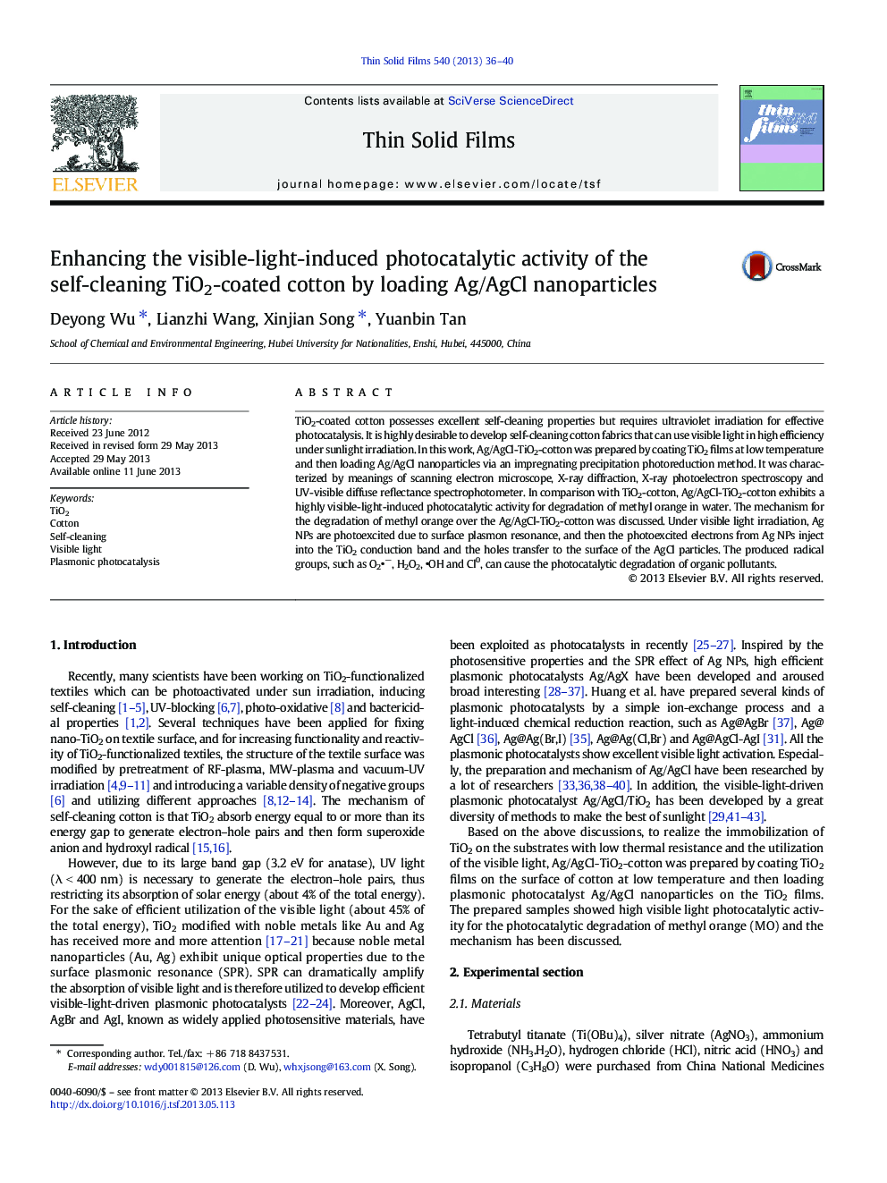 Enhancing the visible-light-induced photocatalytic activity of the self-cleaning TiO2-coated cotton by loading Ag/AgCl nanoparticles