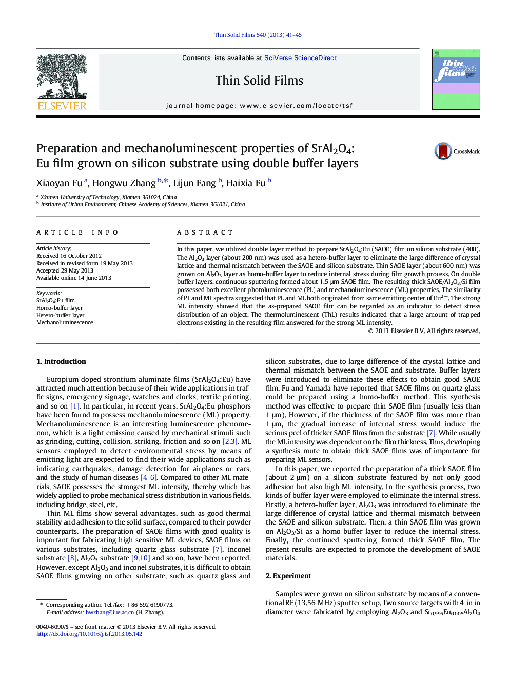 Preparation and mechanoluminescent properties of SrAl2O4:Eu film grown on silicon substrate using double buffer layers