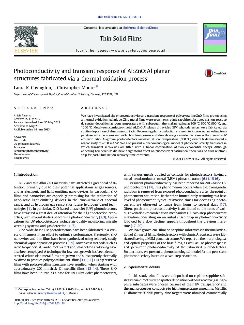 Photoconductivity and transient response of Al:ZnO:Al planar structures fabricated via a thermal oxidation process