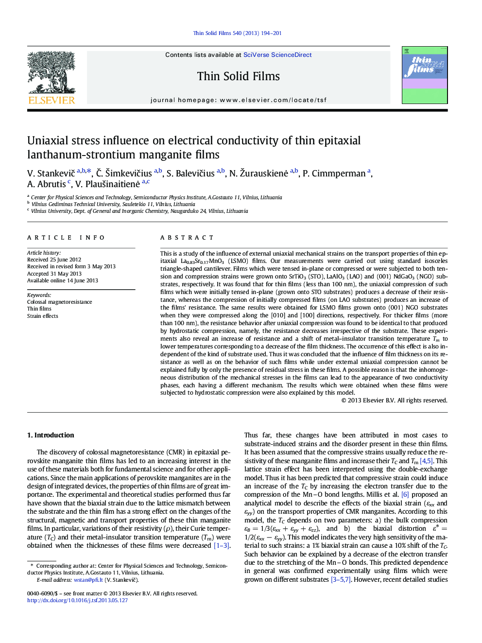 Uniaxial stress influence on electrical conductivity of thin epitaxial lanthanum-strontium manganite films