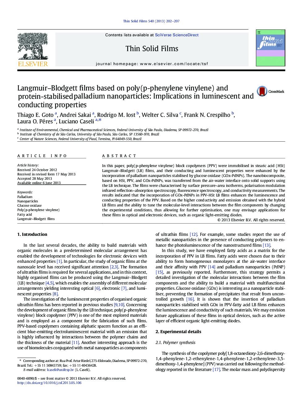 عکس صفحه اول مقاله: Langmuir–Blodgett films based on poly(p-phenylene vinylene) and protein-stabilised palladium nanoparticles: Implications in luminescent and conducting properties Langmuir–Blodgett films based on poly(p-phenylene vinylene) and protein-stabilised palladium nanoparticles: Implications in luminescent and conducting properties