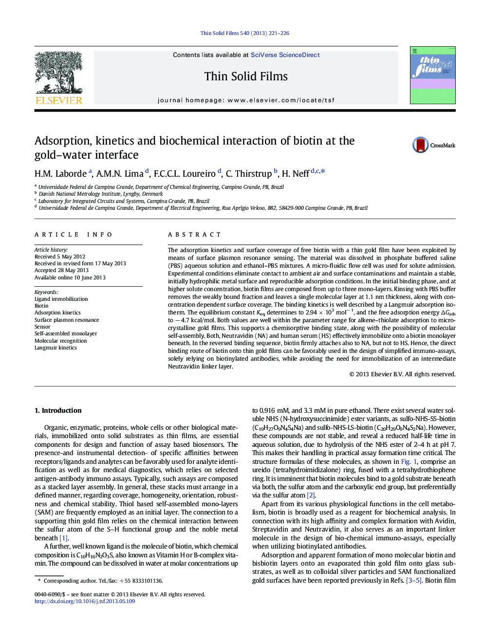 Adsorption, kinetics and biochemical interaction of biotin at the gold–water interface