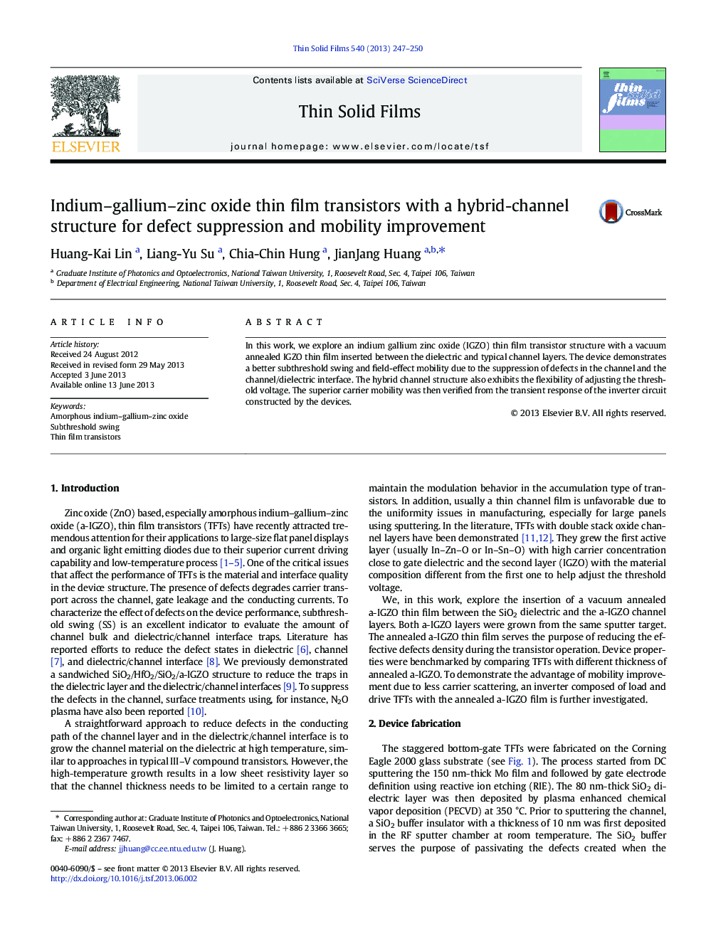 Indium–gallium–zinc oxide thin film transistors with a hybrid-channel structure for defect suppression and mobility improvement