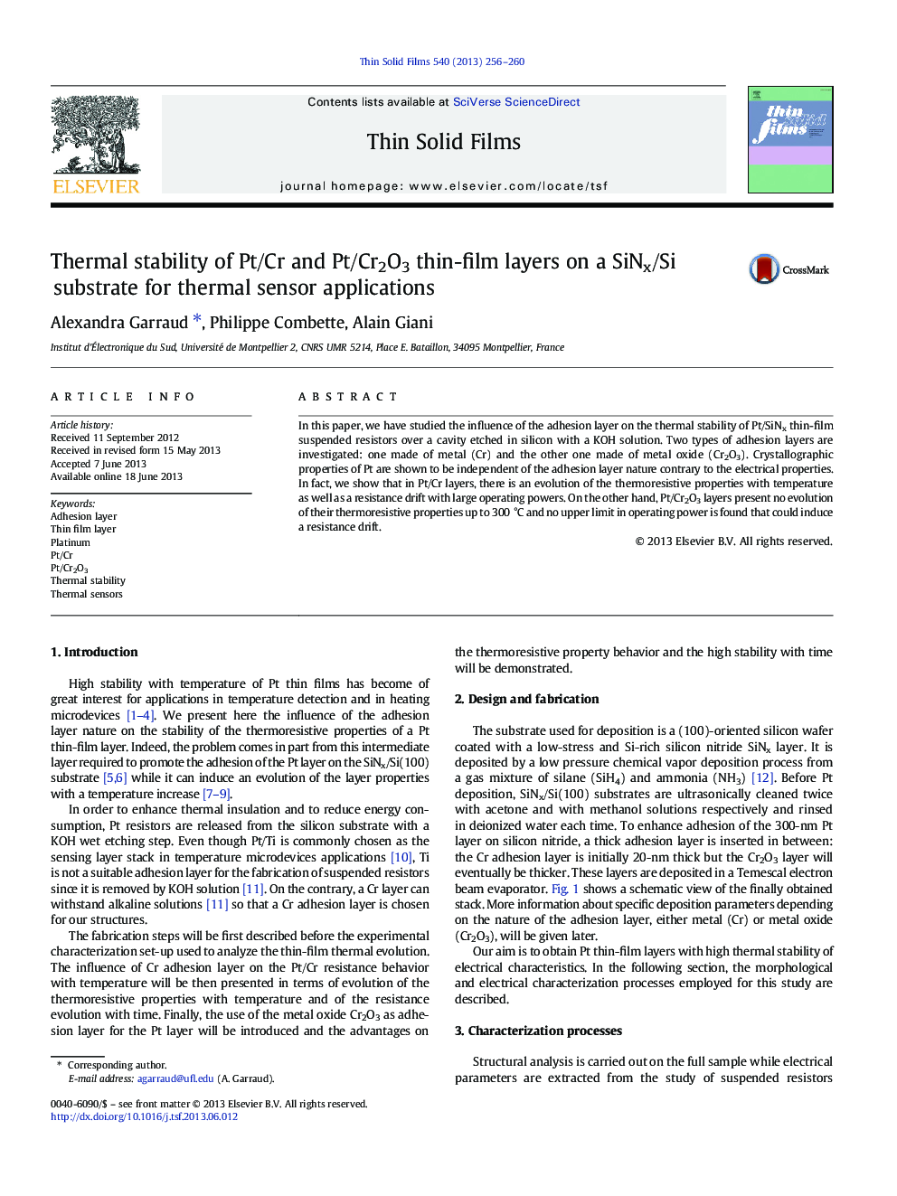 Thermal stability of Pt/Cr and Pt/Cr2O3 thin-film layers on a SiNx/Si substrate for thermal sensor applications