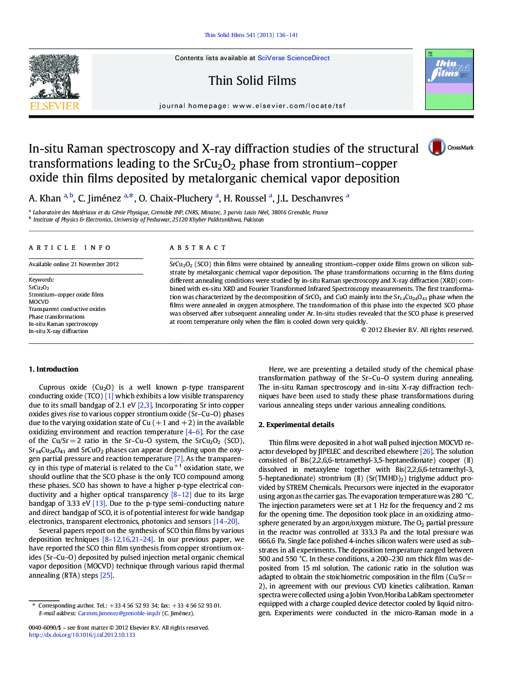 In-situ Raman spectroscopy and X-ray diffraction studies of the structural transformations leading to the SrCu2O2 phase from strontium–copper oxide thin films deposited by metalorganic chemical vapor deposition