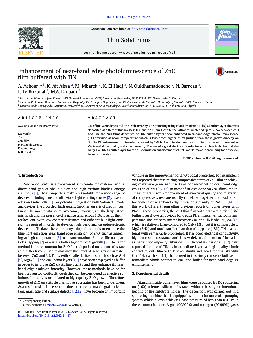 Enhancement of near-band edge photoluminescence of ZnO film buffered with TiN