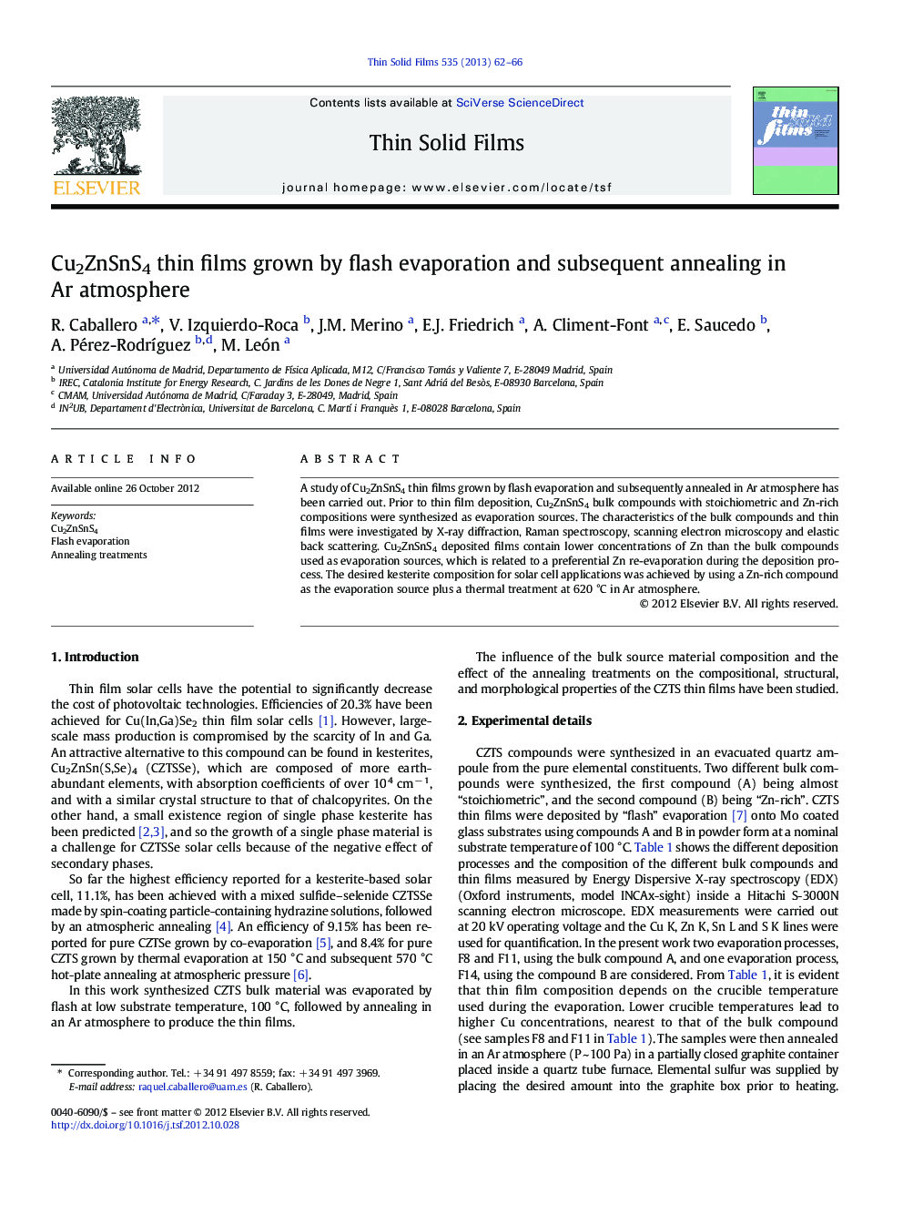 Cu2ZnSnS4 thin films grown by flash evaporation and subsequent annealing in Ar atmosphere