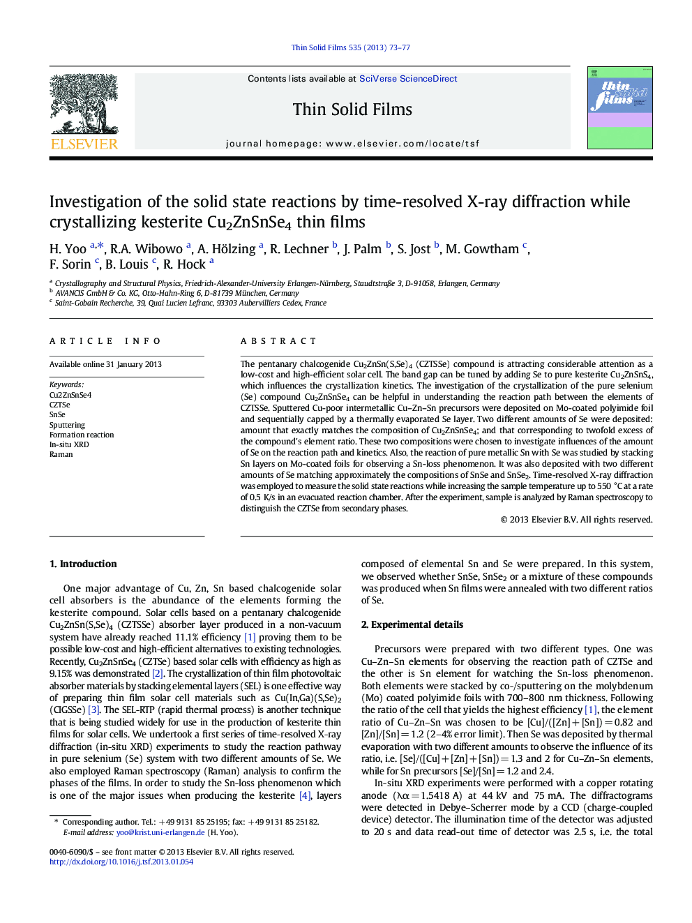 Investigation of the solid state reactions by time-resolved X-ray diffraction while crystallizing kesterite Cu2ZnSnSe4 thin films