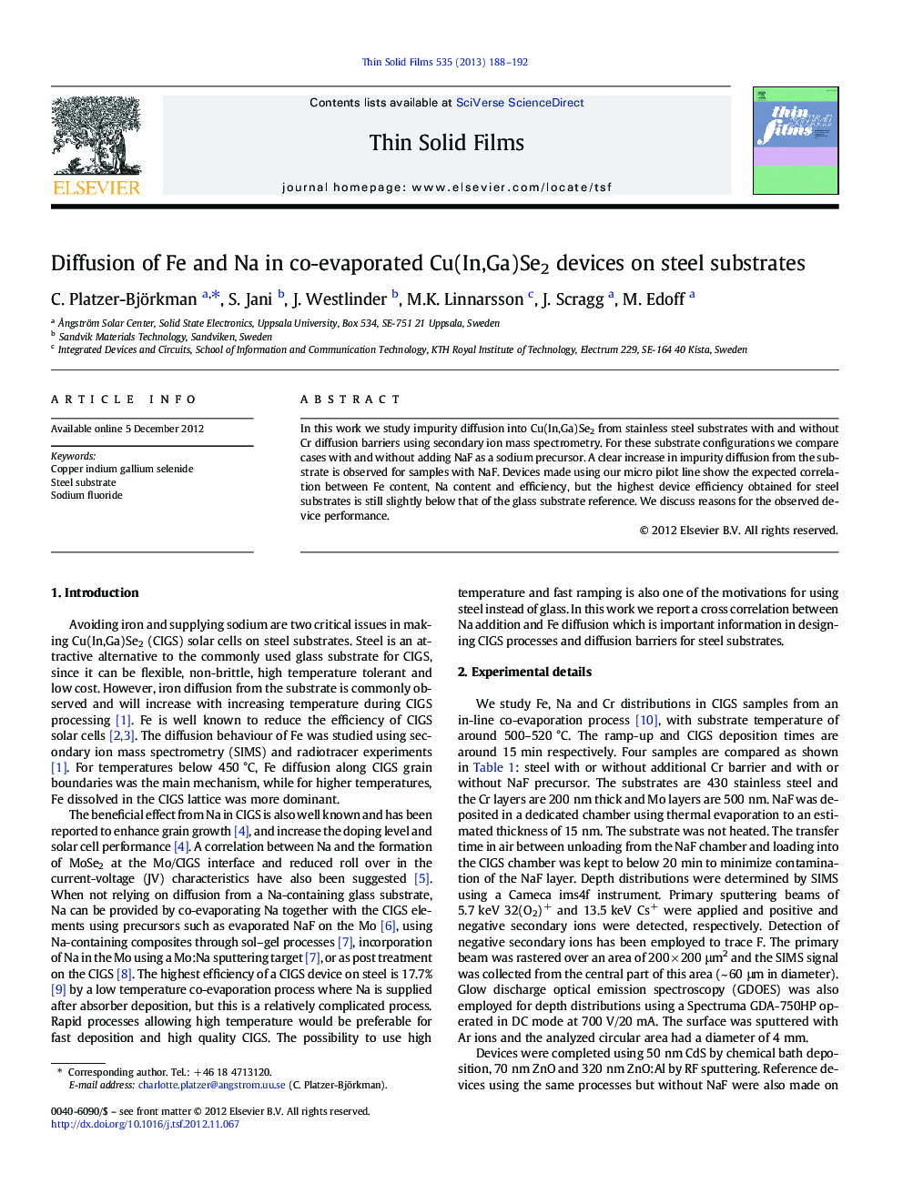 Diffusion of Fe and Na in co-evaporated Cu(In,Ga)Se2 devices on steel substrates