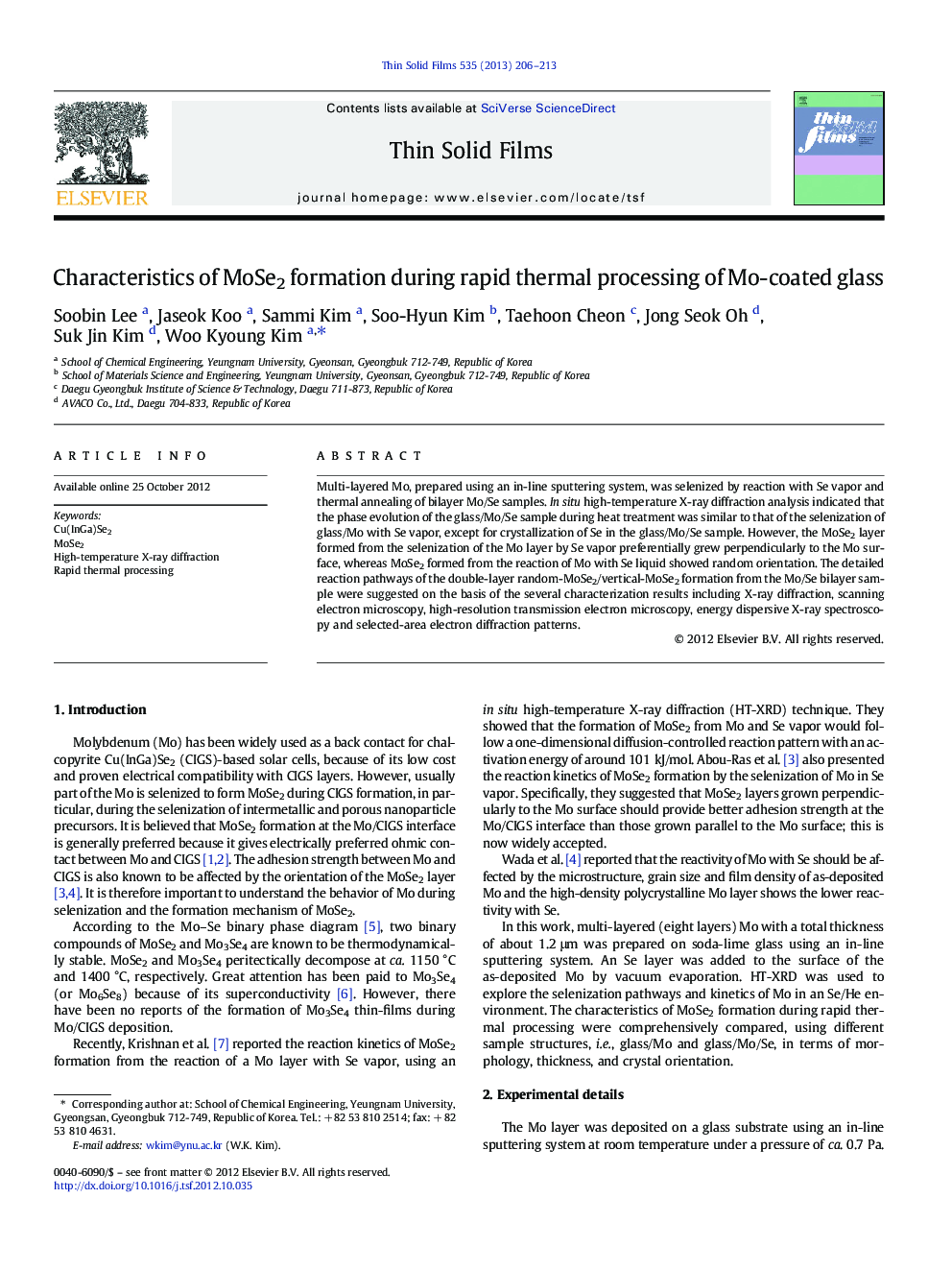 Characteristics of MoSe2 formation during rapid thermal processing of Mo-coated glass