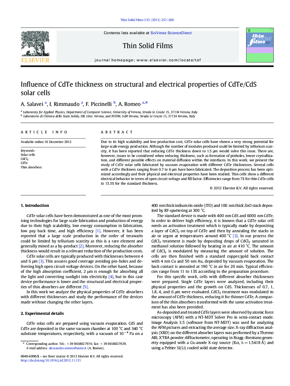 Influence of CdTe thickness on structural and electrical properties of CdTe/CdS solar cells