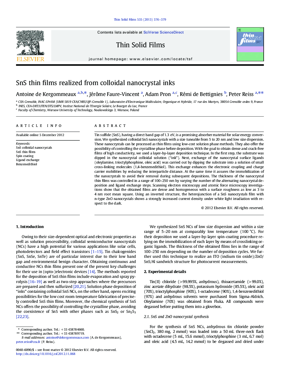 SnS thin films realized from colloidal nanocrystal inks