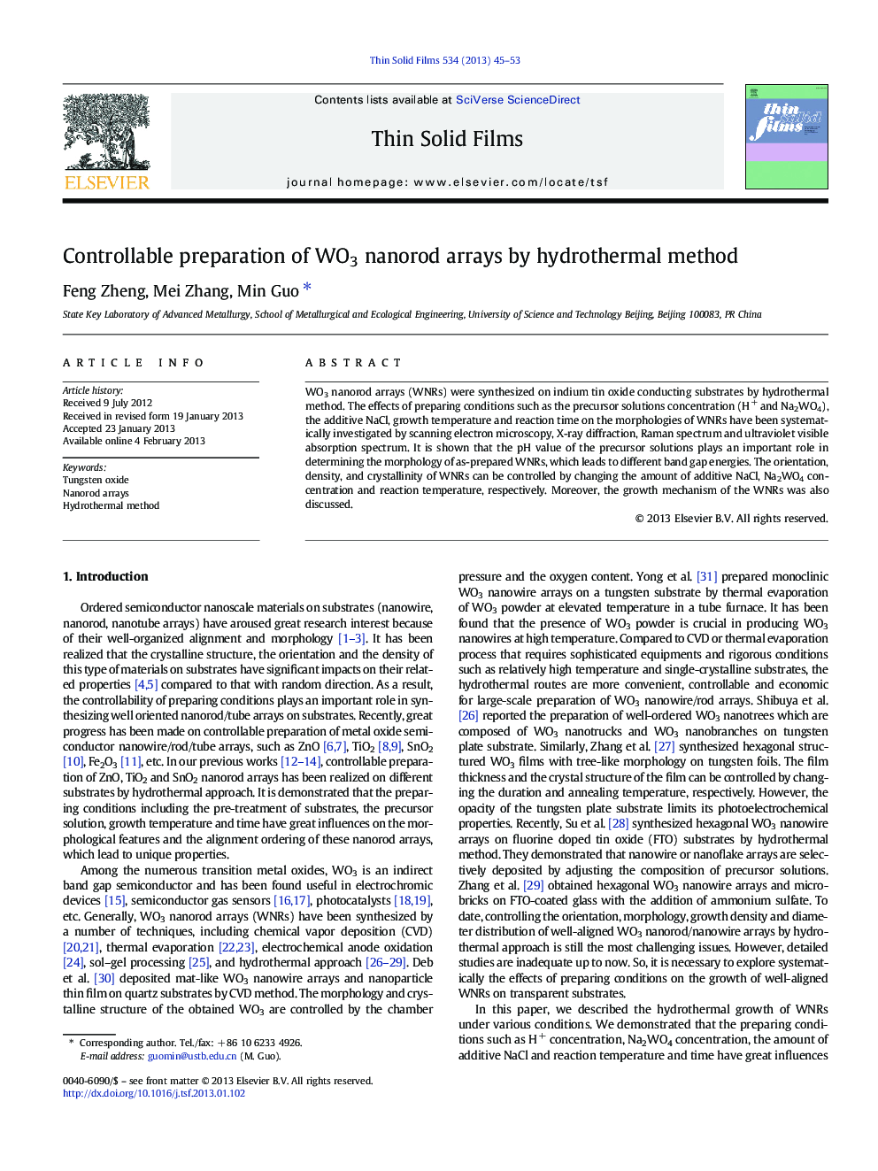 Controllable preparation of WO3 nanorod arrays by hydrothermal method