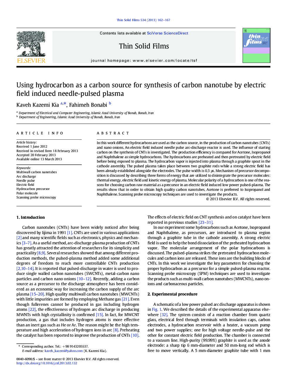 Using hydrocarbon as a carbon source for synthesis of carbon nanotube by electric field induced needle-pulsed plasma