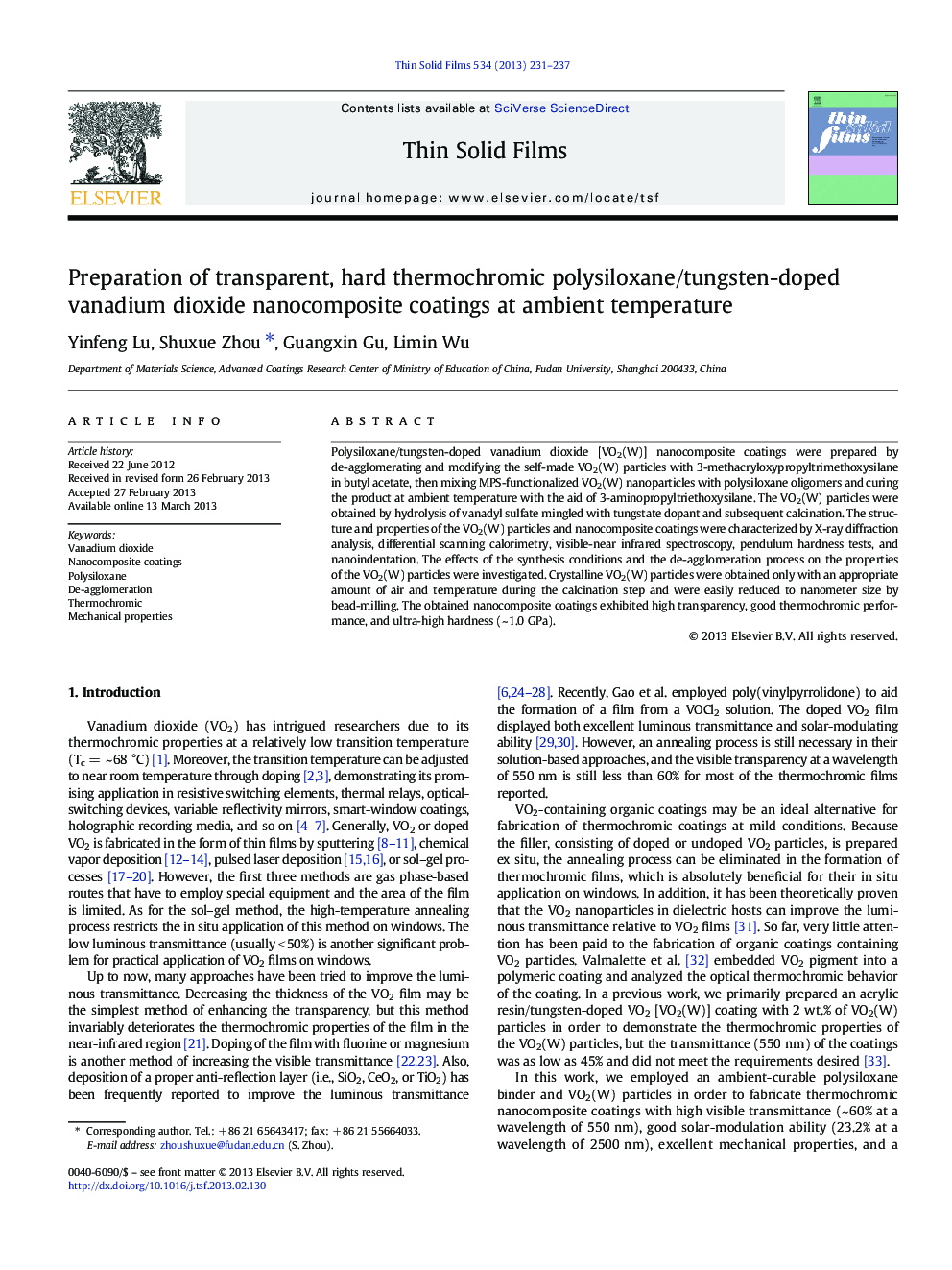 Preparation of transparent, hard thermochromic polysiloxane/tungsten-doped vanadium dioxide nanocomposite coatings at ambient temperature