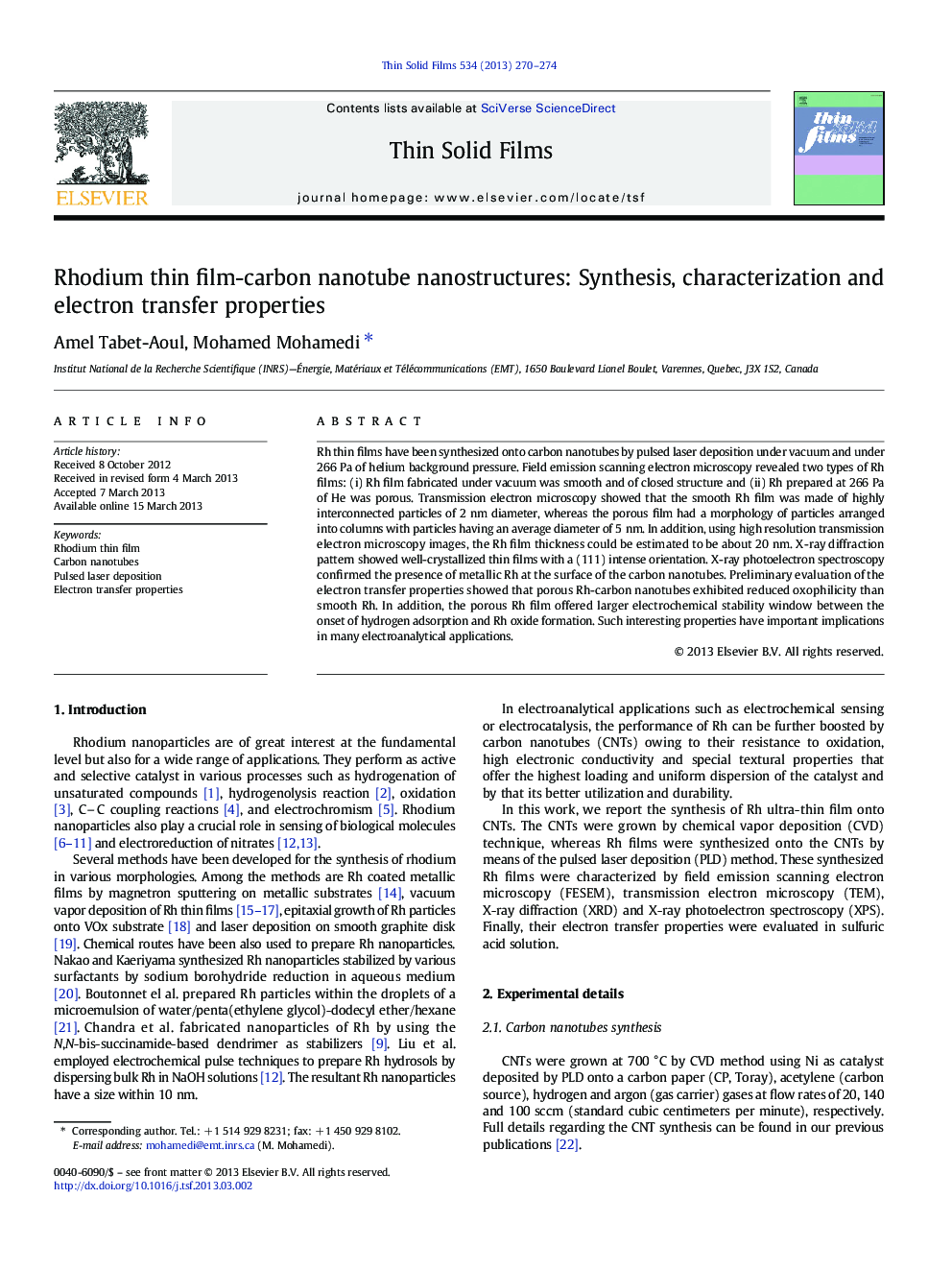 Rhodium thin film-carbon nanotube nanostructures: Synthesis, characterization and electron transfer properties