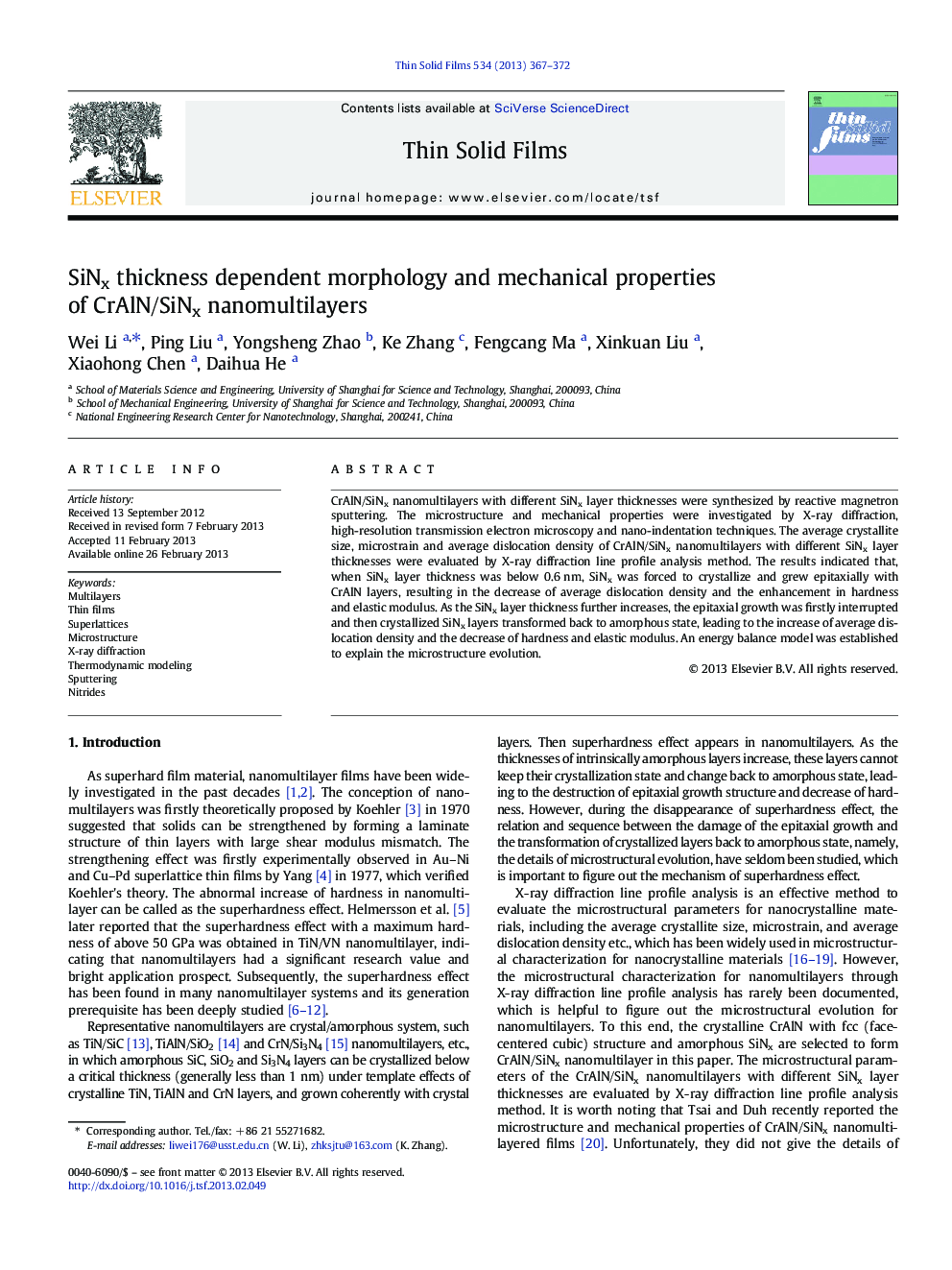 SiNx thickness dependent morphology and mechanical properties of CrAlN/SiNx nanomultilayers