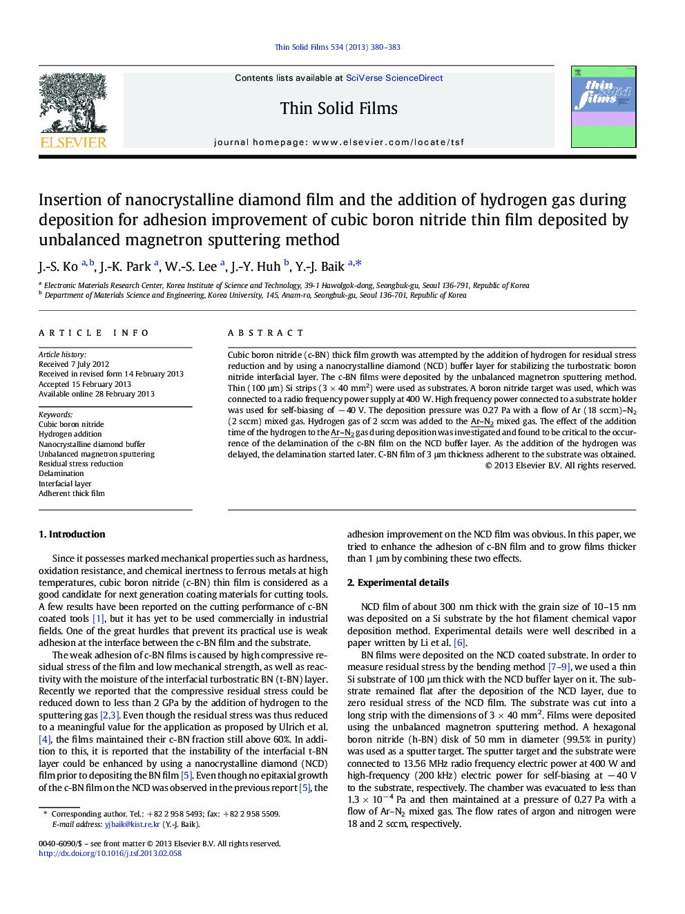 Insertion of nanocrystalline diamond film and the addition of hydrogen gas during deposition for adhesion improvement of cubic boron nitride thin film deposited by unbalanced magnetron sputtering method