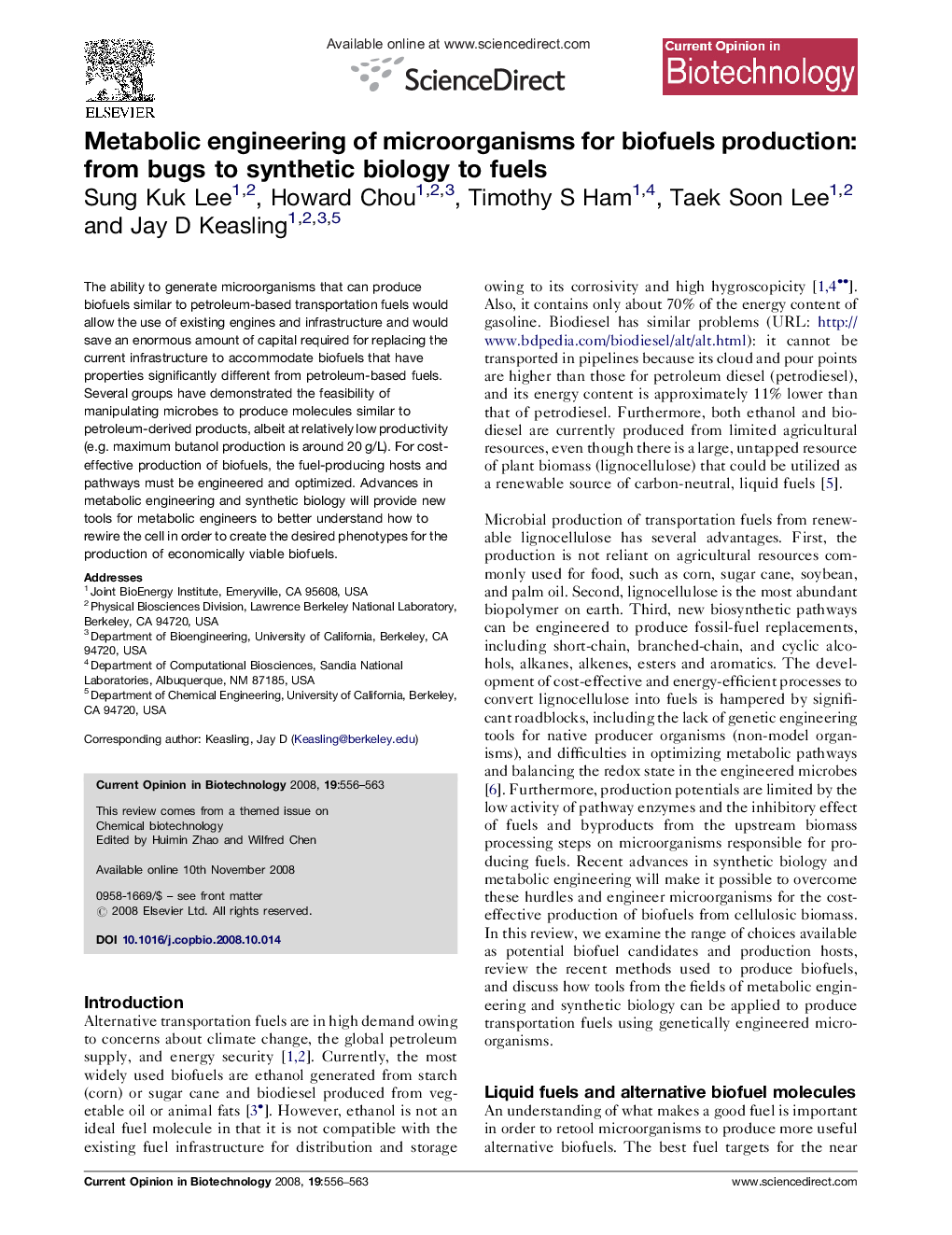 عکس صفحه اول مقاله: Metabolic engineering of microorganisms for biofuels production: from bugs to synthetic biology to fuels Metabolic engineering of microorganisms for biofuels production: from bugs to synthetic biology to fuels