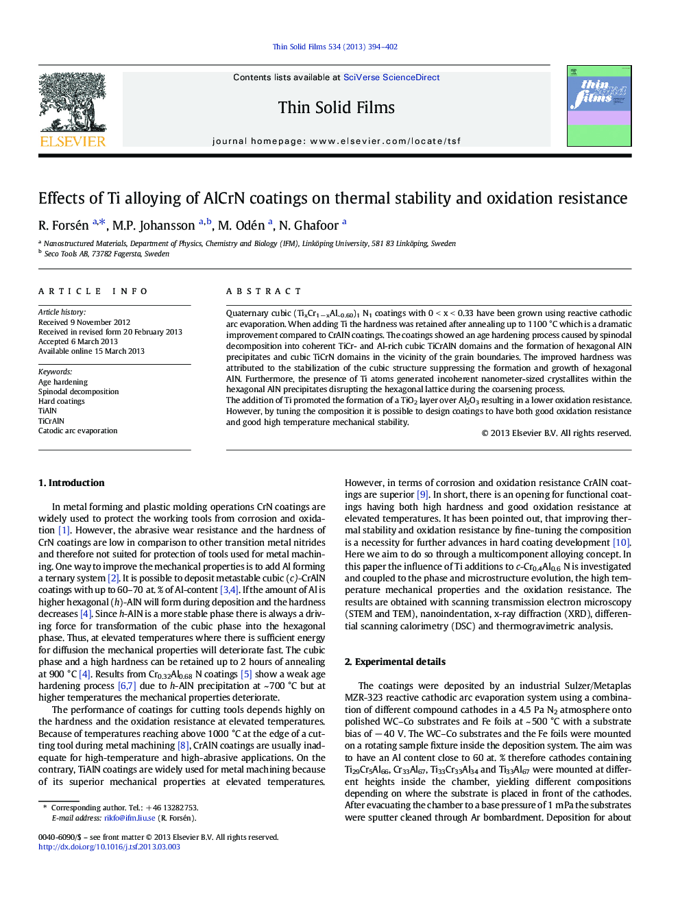 Effects of Ti alloying of AlCrN coatings on thermal stability and oxidation resistance