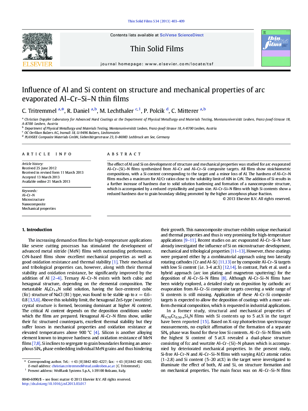 Influence of Al and Si content on structure and mechanical properties of arc evaporated Al–Cr–Si–N thin films