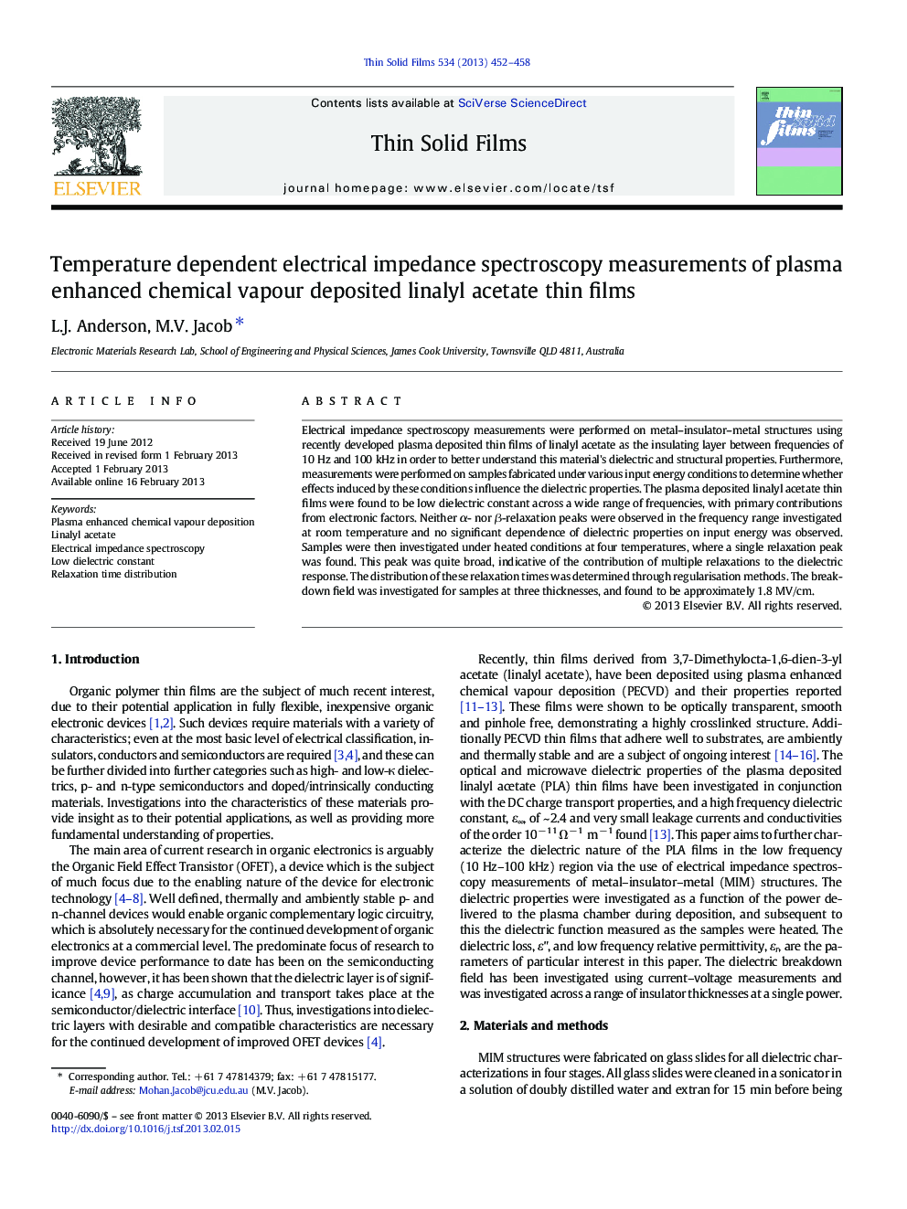 Temperature dependent electrical impedance spectroscopy measurements of plasma enhanced chemical vapour deposited linalyl acetate thin films