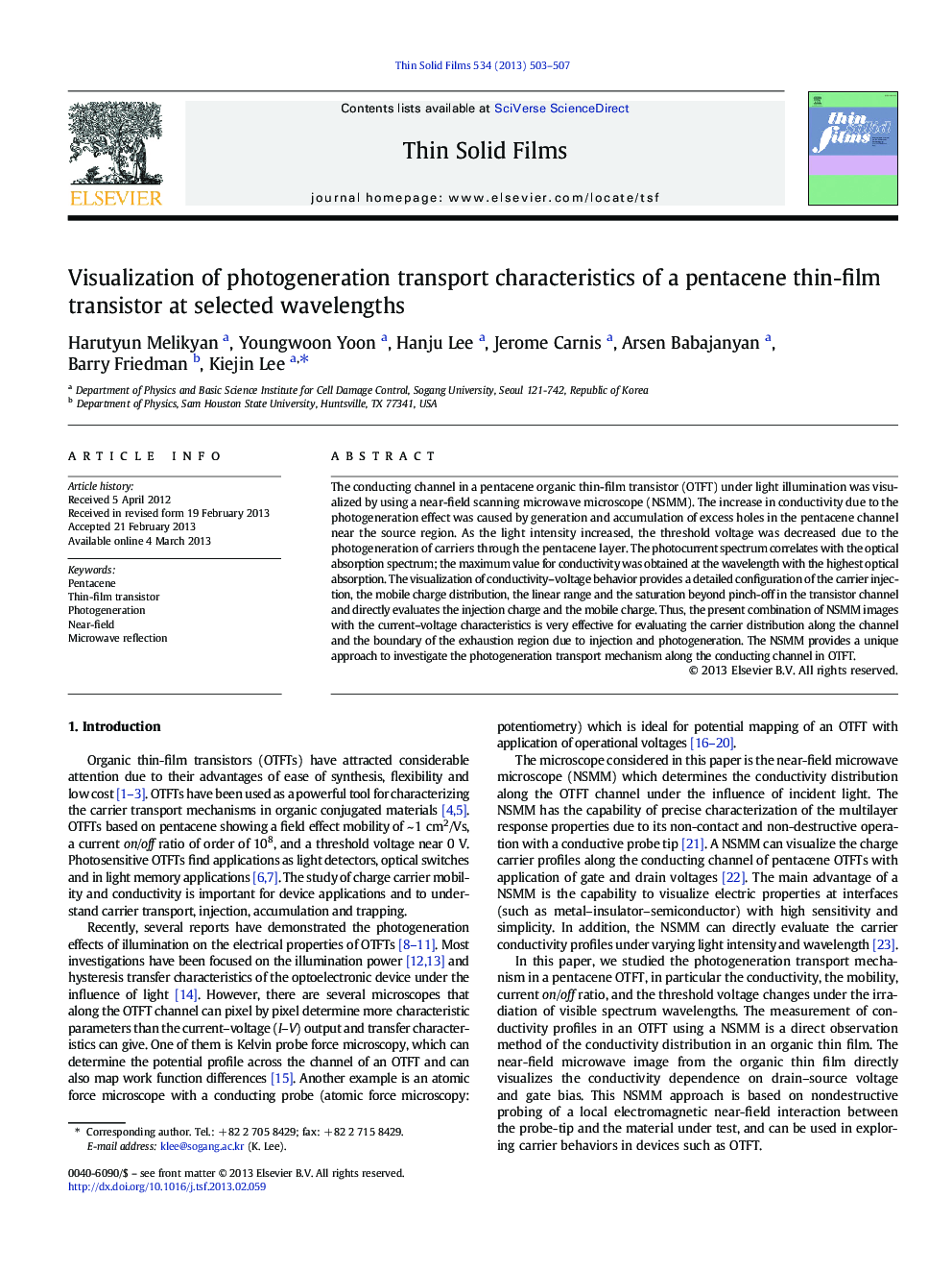 Visualization of photogeneration transport characteristics of a pentacene thin-film transistor at selected wavelengths