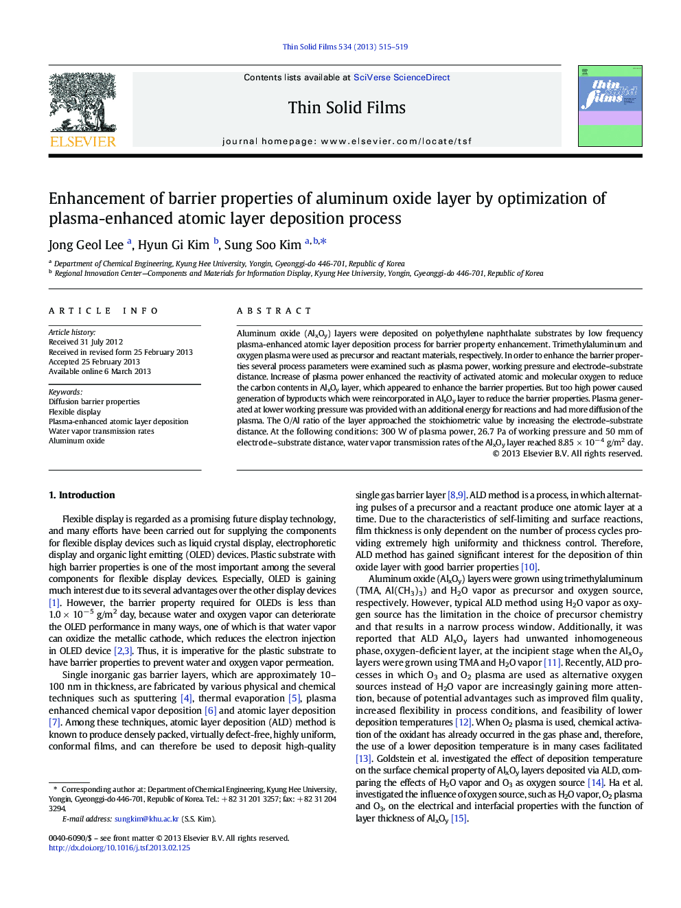 Enhancement of barrier properties of aluminum oxide layer by optimization of plasma-enhanced atomic layer deposition process