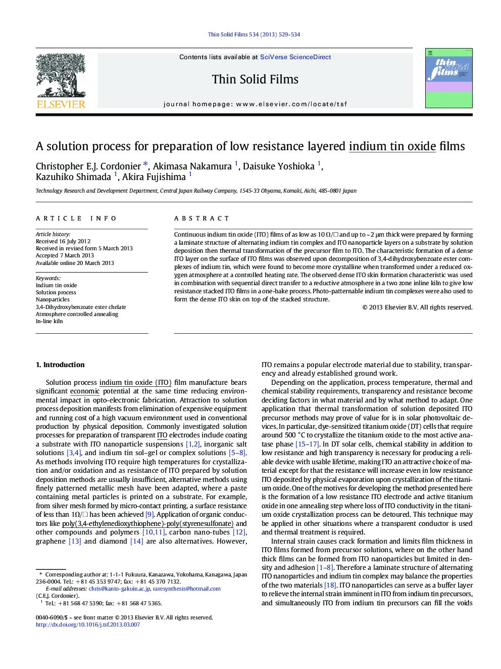 A solution process for preparation of low resistance layered indium tin oxide films