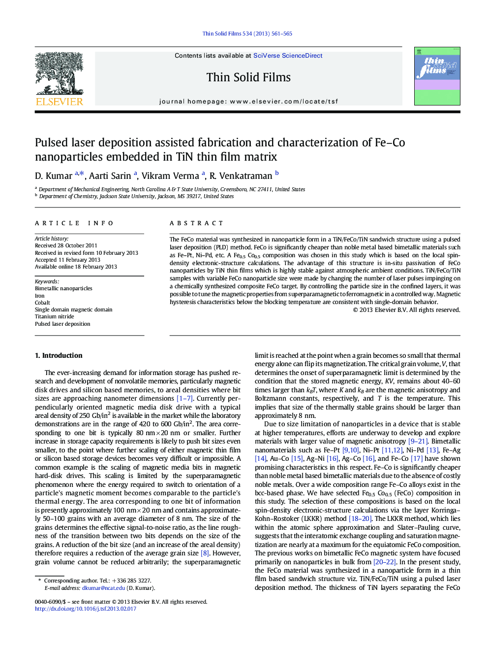 Pulsed laser deposition assisted fabrication and characterization of Fe–Co nanoparticles embedded in TiN thin film matrix