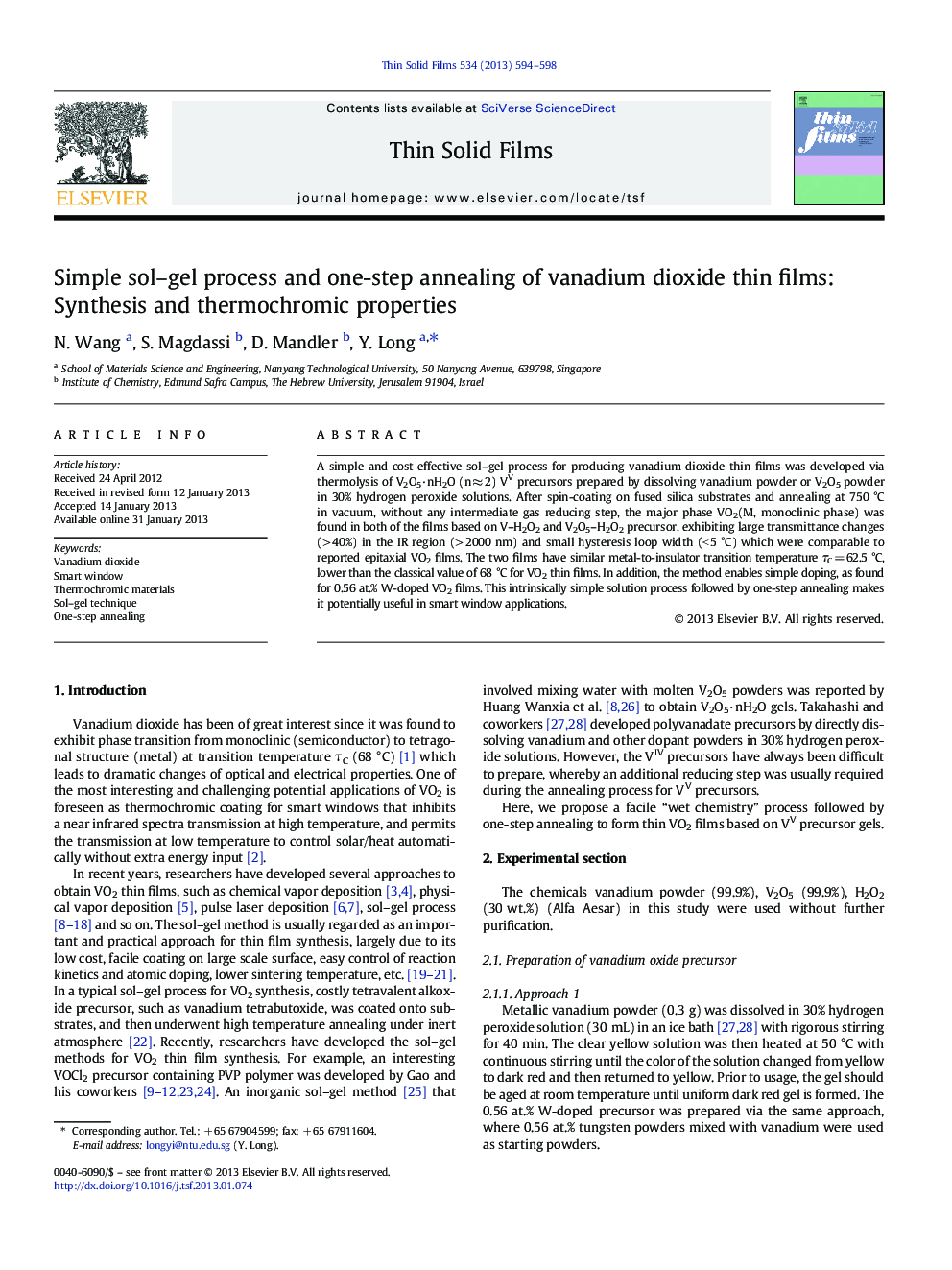 Simple sol–gel process and one-step annealing of vanadium dioxide thin films: Synthesis and thermochromic properties