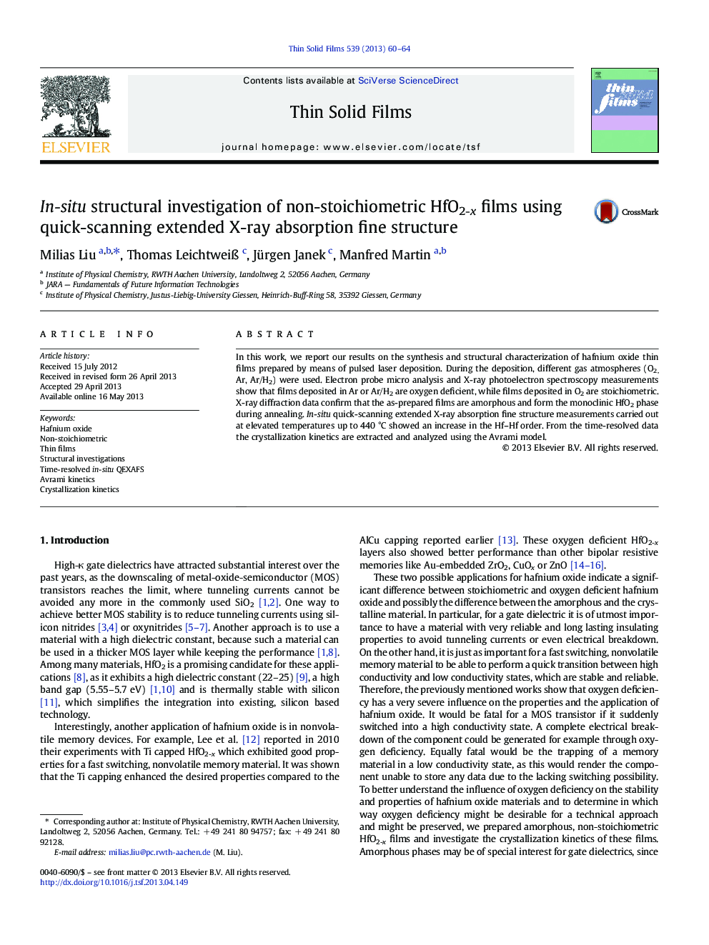 In-situ structural investigation of non-stoichiometric HfO2-x films using quick-scanning extended X-ray absorption fine structure