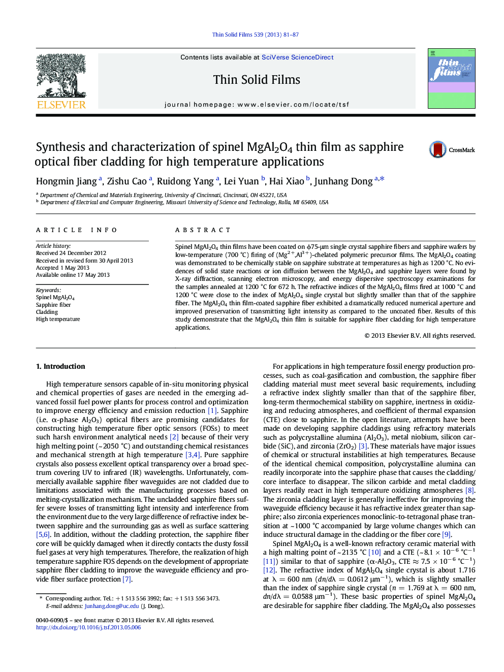 Synthesis and characterization of spinel MgAl2O4 thin film as sapphire optical fiber cladding for high temperature applications