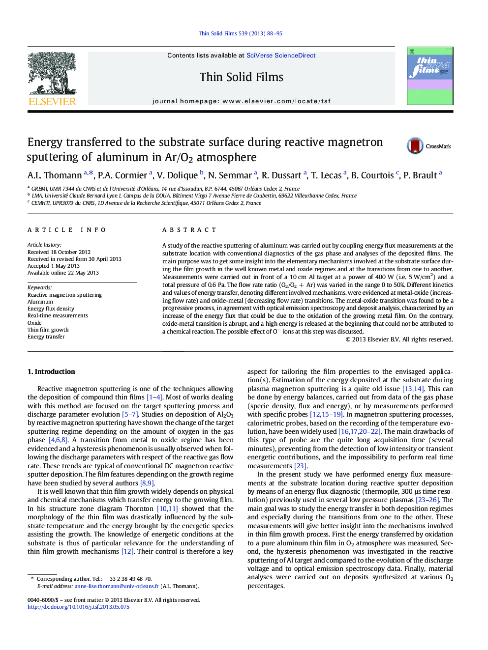 Energy transferred to the substrate surface during reactive magnetron sputtering of aluminum in Ar/O2 atmosphere