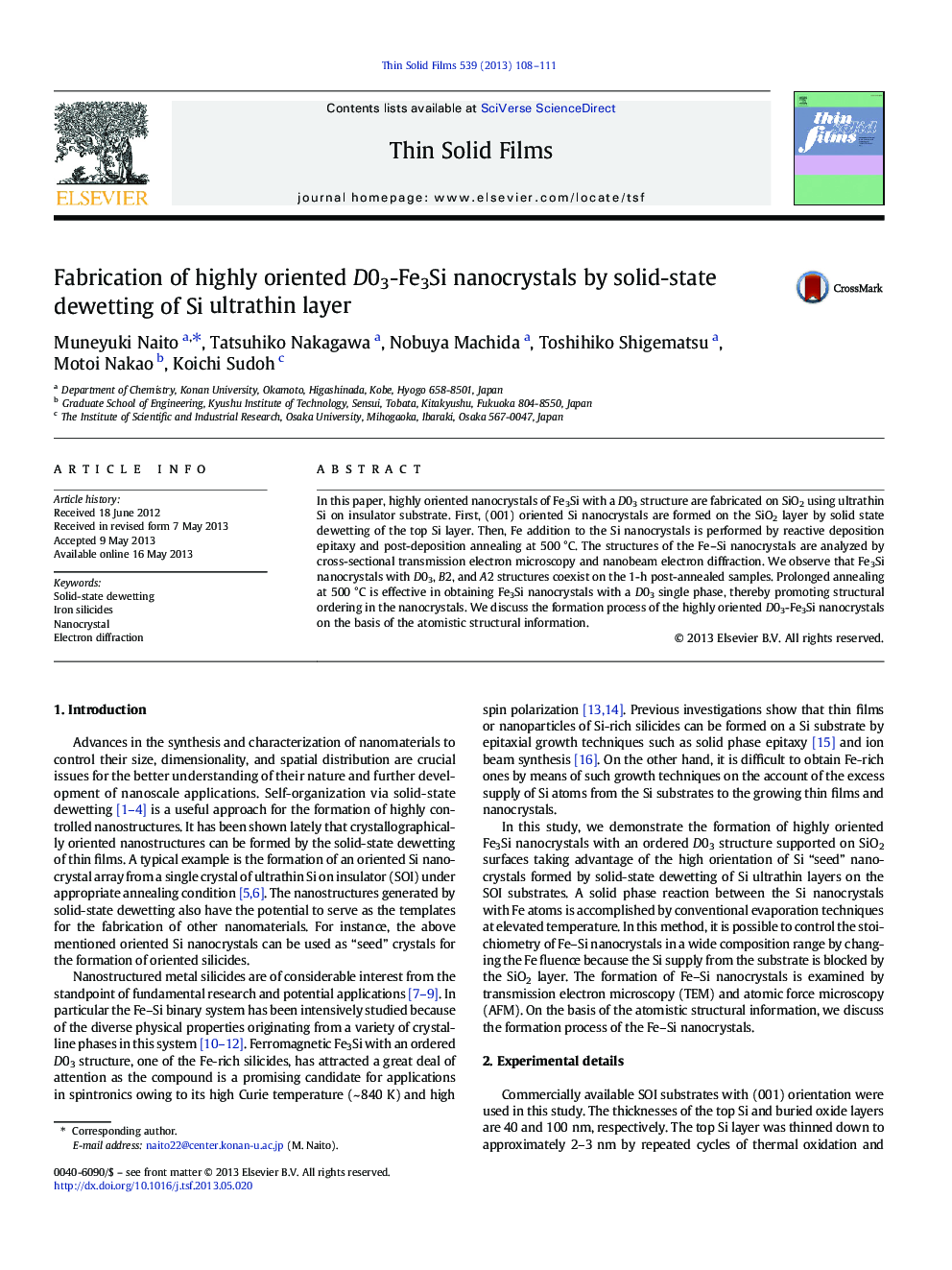 Fabrication of highly oriented D03-Fe3Si nanocrystals by solid-state dewetting of Si ultrathin layer