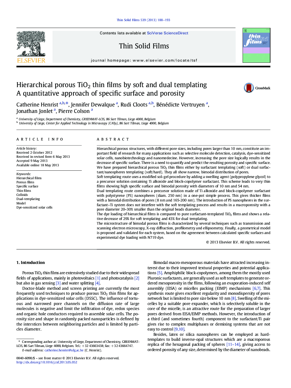 Hierarchical porous TiO2 thin films by soft and dual templating: A quantitative approach of specific surface and porosity