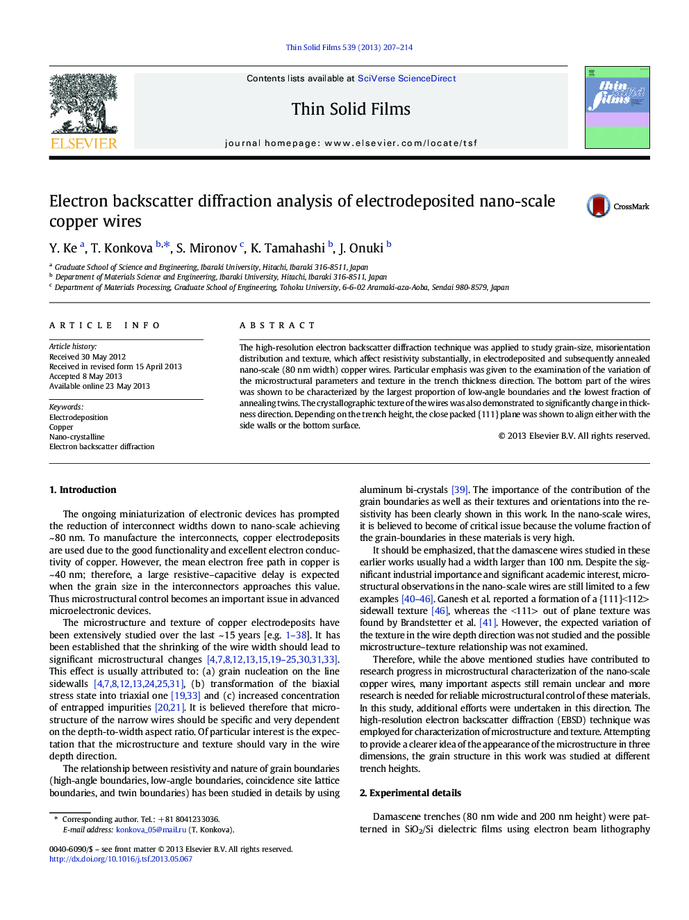 Electron backscatter diffraction analysis of electrodeposited nano-scale copper wires