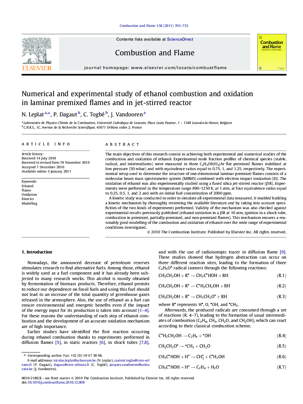 عکس صفحه اول مقاله: Numerical and experimental study of ethanol combustion and oxidation in laminar premixed flames and in jet-stirred reactor Numerical and experimental study of ethanol combustion and oxidation in laminar premixed flames and in jet-stirred reactor