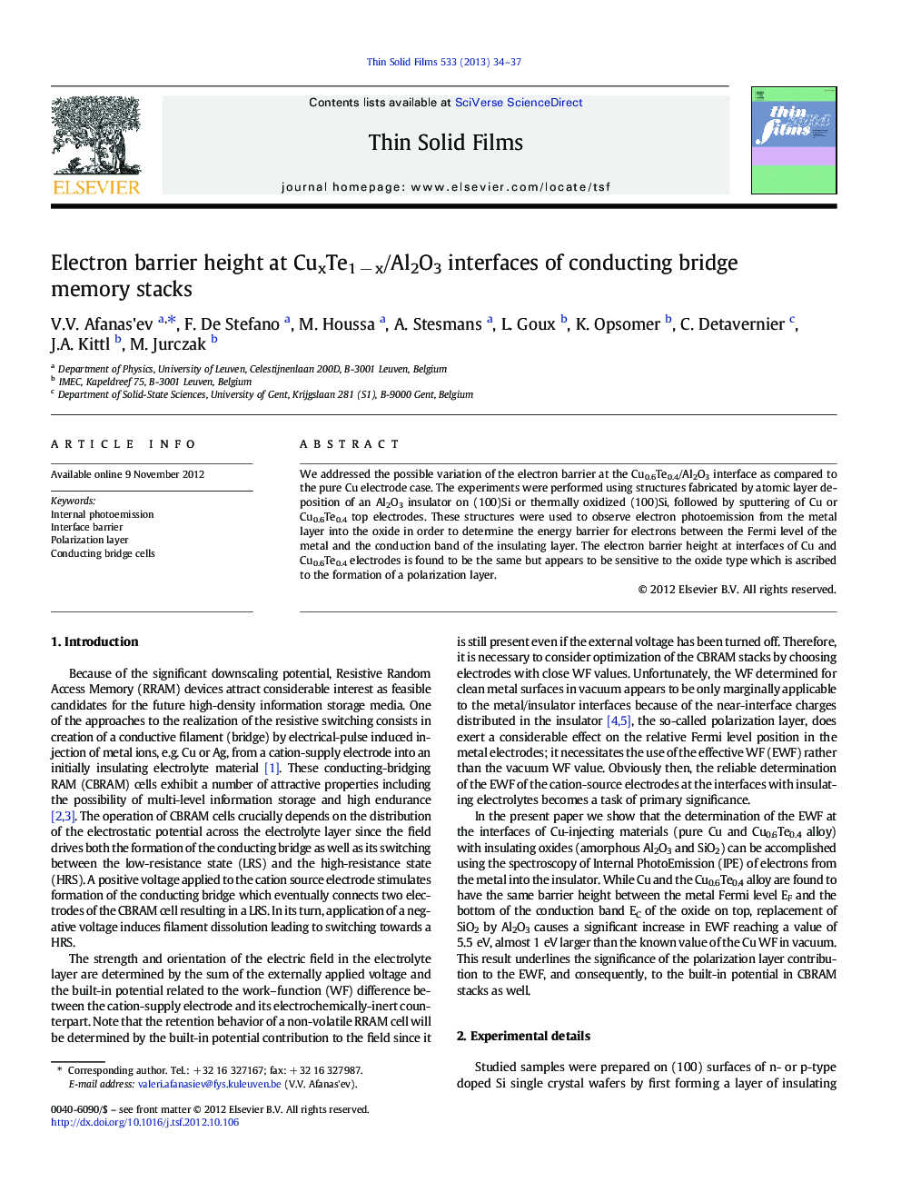 Electron barrier height at CuxTe1 − x/Al2O3 interfaces of conducting bridge memory stacks