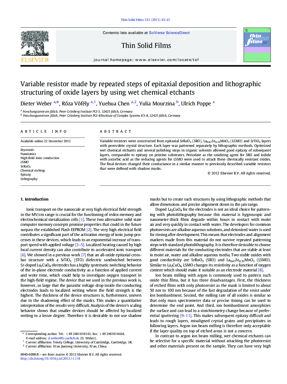 Variable resistor made by repeated steps of epitaxial deposition and lithographic structuring of oxide layers by using wet chemical etchants