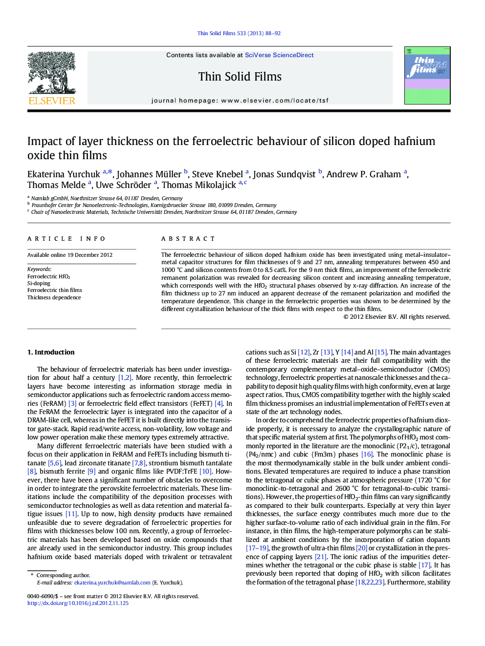 Impact of layer thickness on the ferroelectric behaviour of silicon doped hafnium oxide thin films